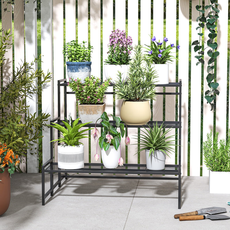 Outsunny 3-Tier Metal Plant Stand, Modern Ladder Shelf for Garden, Black