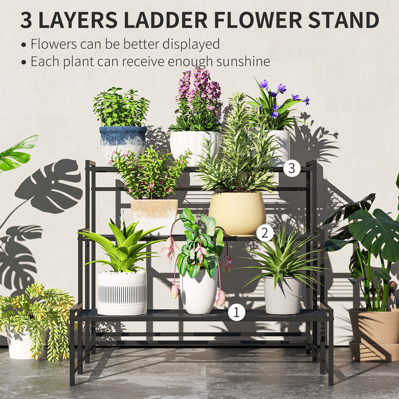 Outsunny 3-Tier Metal Plant Stand, Modern Ladder Shelf for Garden, Black