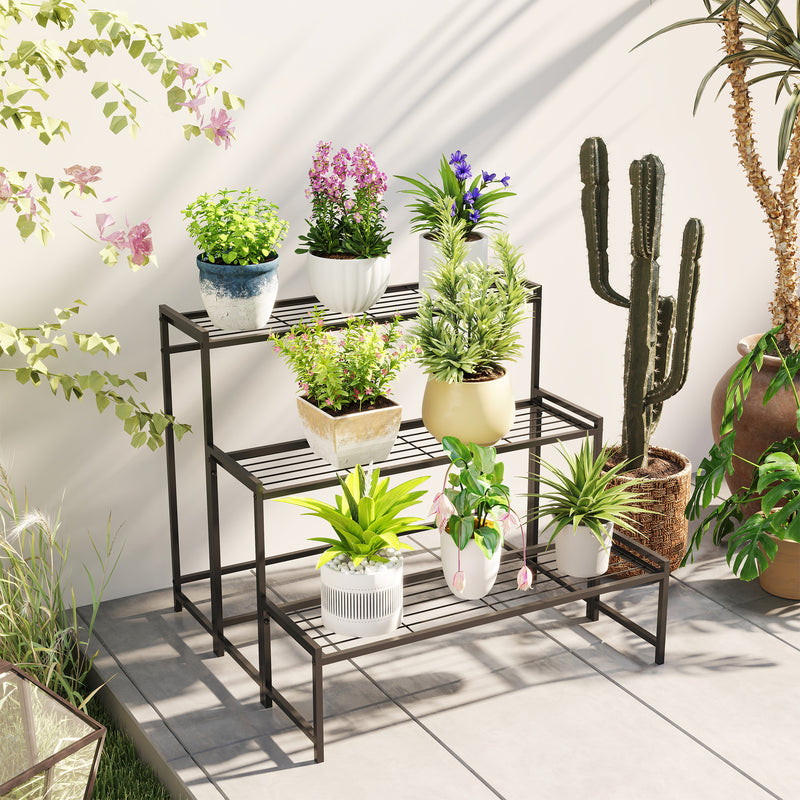 Outsunny 3-Tier Metal Plant Stand, Modern Ladder Shelf for Garden, Black