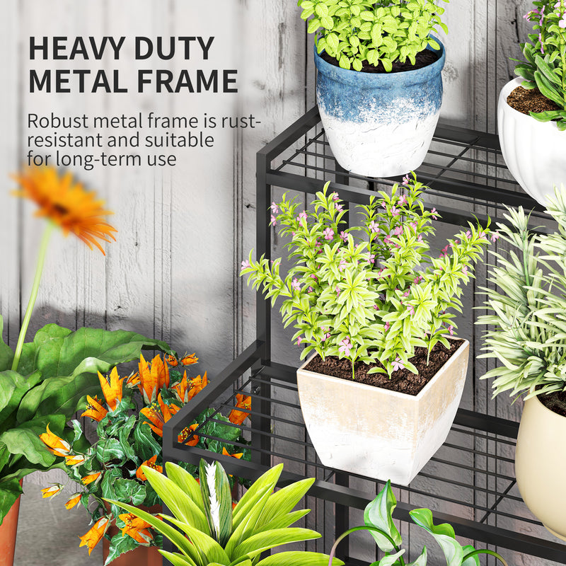 Outsunny 3-Tier Metal Plant Stand, Modern Ladder Shelf for Garden, Black