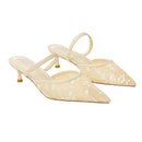 Lace Mesh Pointed Toe Heeled Mules Sandals - Beige