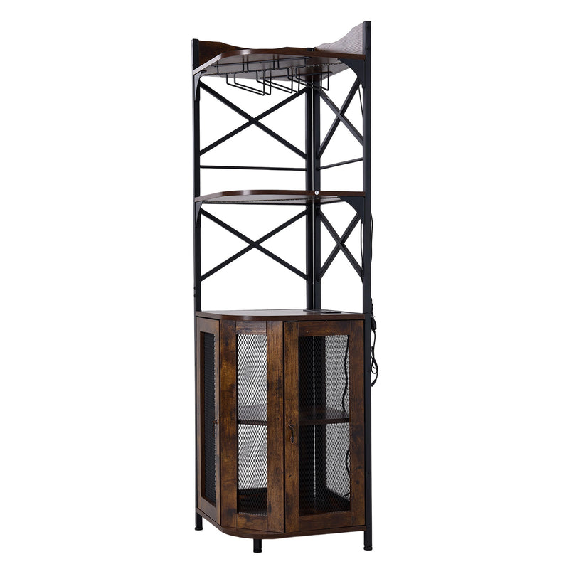 Livingandhome 5-Tier Corner Bar Cabinet with Built-in Power Outlet and LED Lights