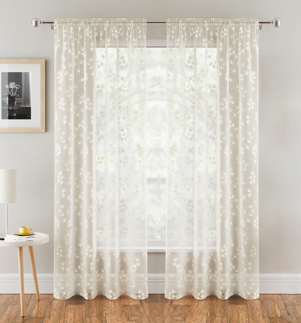 Delila Cream Leaf Print Voile Panel - Pair