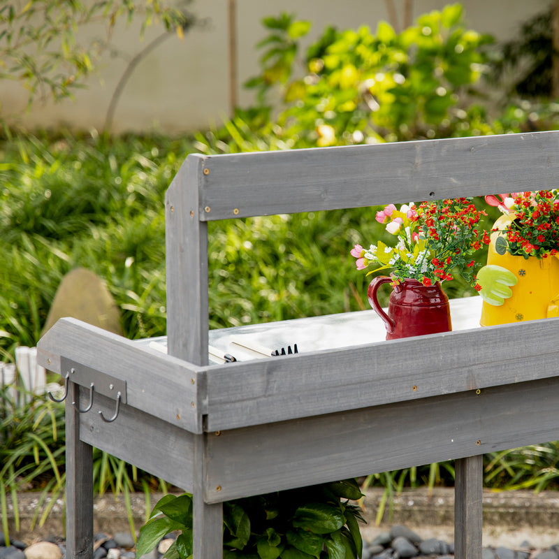 Outsunny Garden Potting Table Wooden Workstation w/ Metal Tabletop, Drawer, Shelves