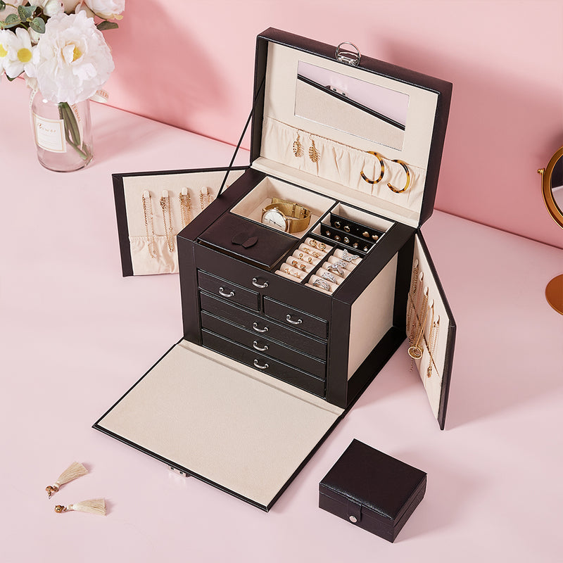 Sheonly Large Multi Tier Faux Leather Jewellery Storage Box with Handle