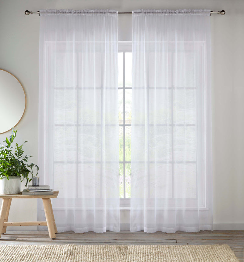 Sheer White Plain Woven Voile Slot Top Curtain Panel Pair