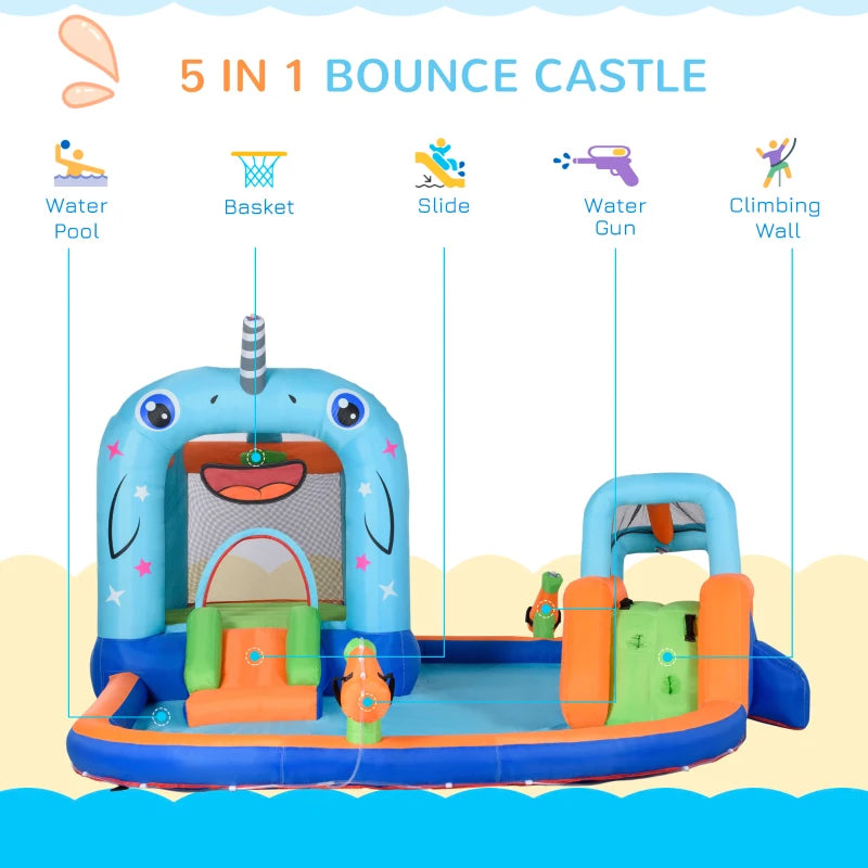 Outsunny Bouncy Castle with Paddling Pool and Sprinkler - Narwhals