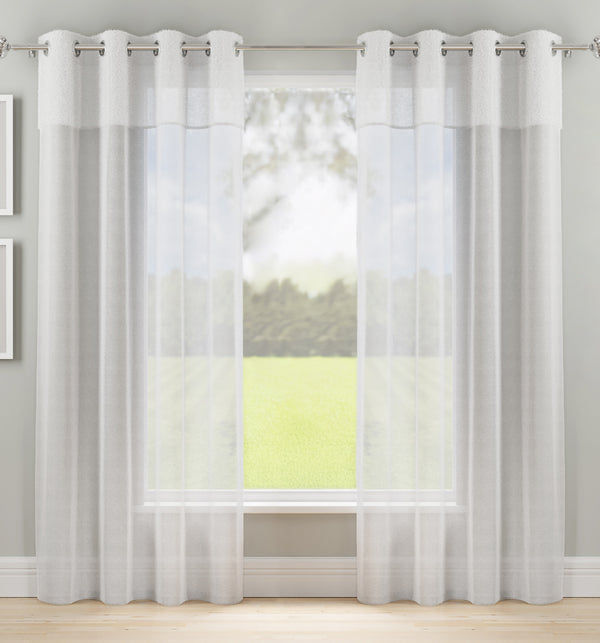 Andorra White Textured Header Sheer Voile Panels - Pair