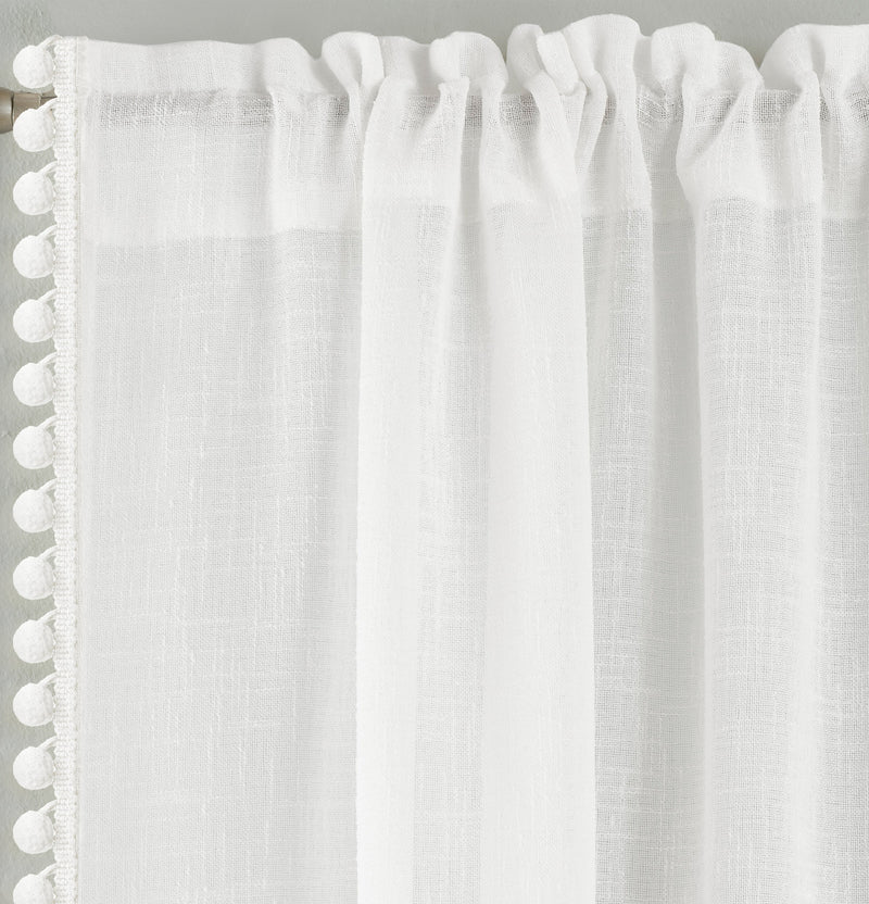 Pair of Tahiti  White Pom-Pom Trim Linen Look Voile Panels with Rod Pocket Header