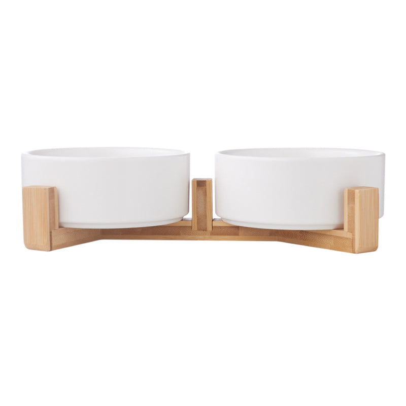 Livingandhome Bamboo Double Ceramic Bowls Pet Feeder