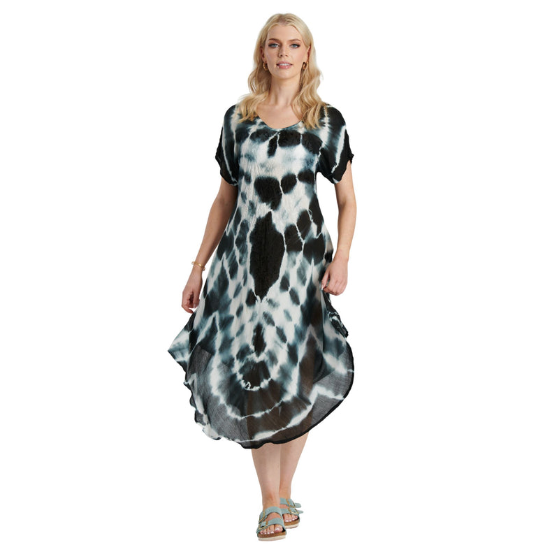 Tie Dye Sleeved Dress - Black & White