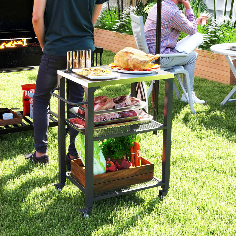 Outsunny 3-Shelf Outdoor Grill Cart, Outdoor Kitchen w/ Stainless Steel Top