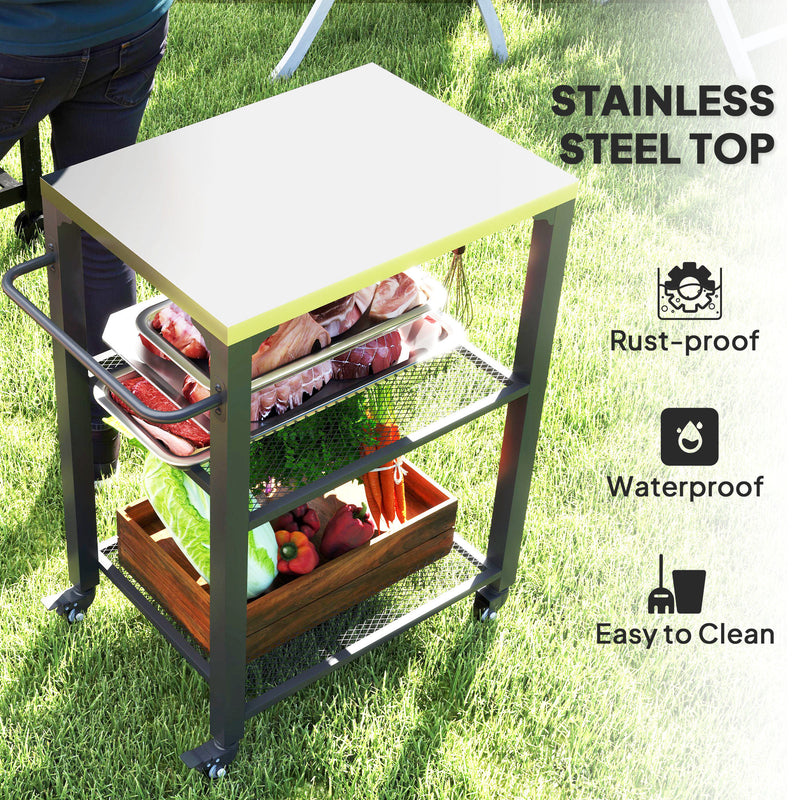 Outsunny 3-Shelf Outdoor Grill Cart, Outdoor Kitchen w/ Stainless Steel Top