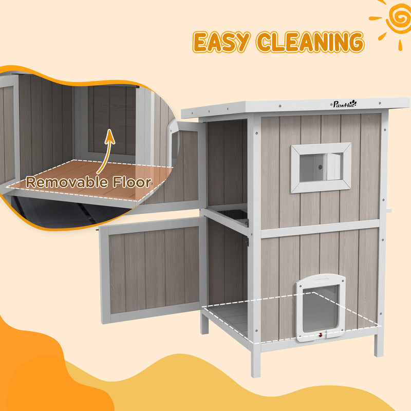 PawHut Outdoor Wooden Cat House w/ Removable Bottom, Escape Doors, for 1-2 Cats