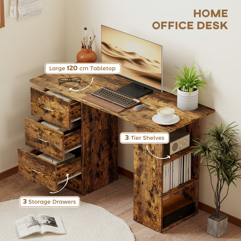 HOMCOM 120cm Computer Desk, Study Table with 3 Shelf & Drawers