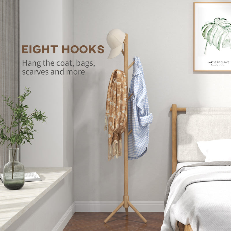 HOMCOM Coat Rack Bamboo Coat Stand With 8 Hooks For Handbags