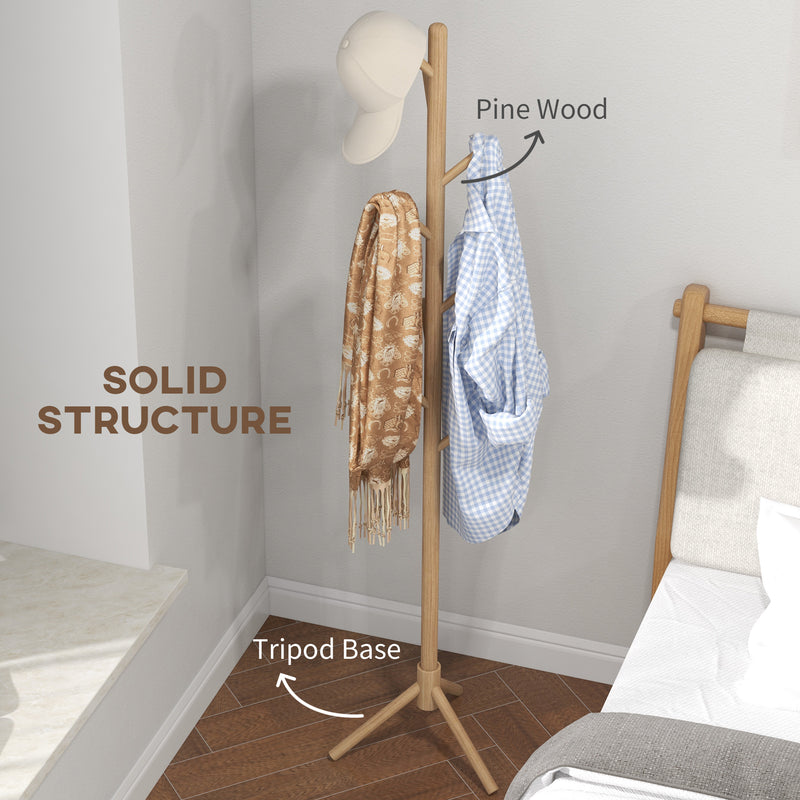 HOMCOM Coat Rack Bamboo Coat Stand With 8 Hooks For Handbags