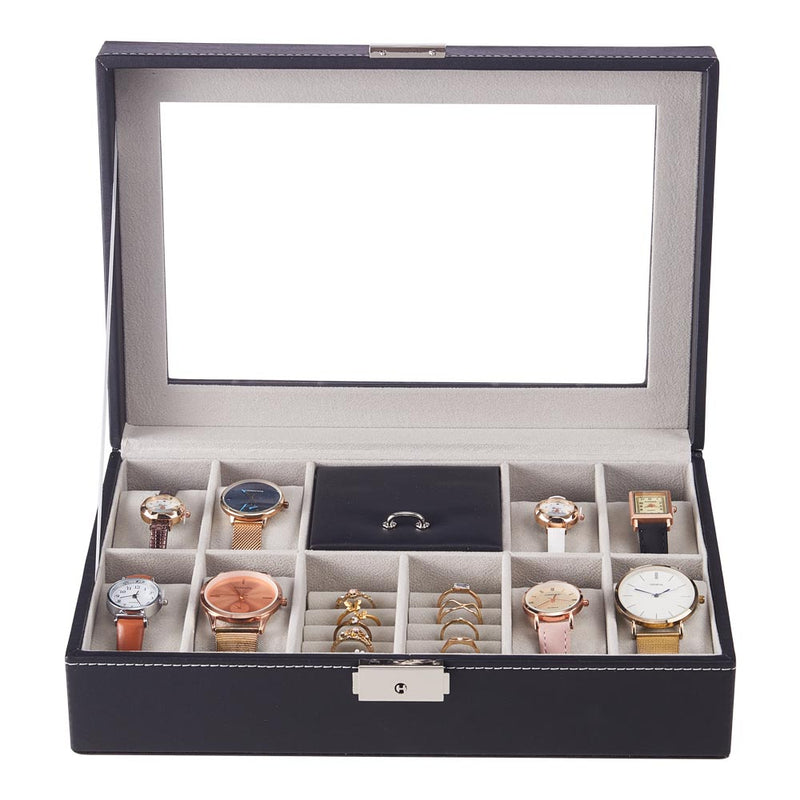 Sheonly 8-Slot Black PU Leather Watch Display Box with Ring Slots