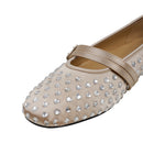 Rhinestones Double Strap Mary Jane Flats Shoes - Beige