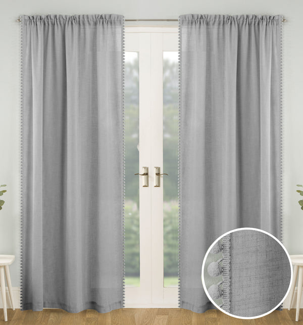 Pair Of Tahiti Grey Pom-Pom Trim Linen Look Voile Panels With Rod Pocket Header