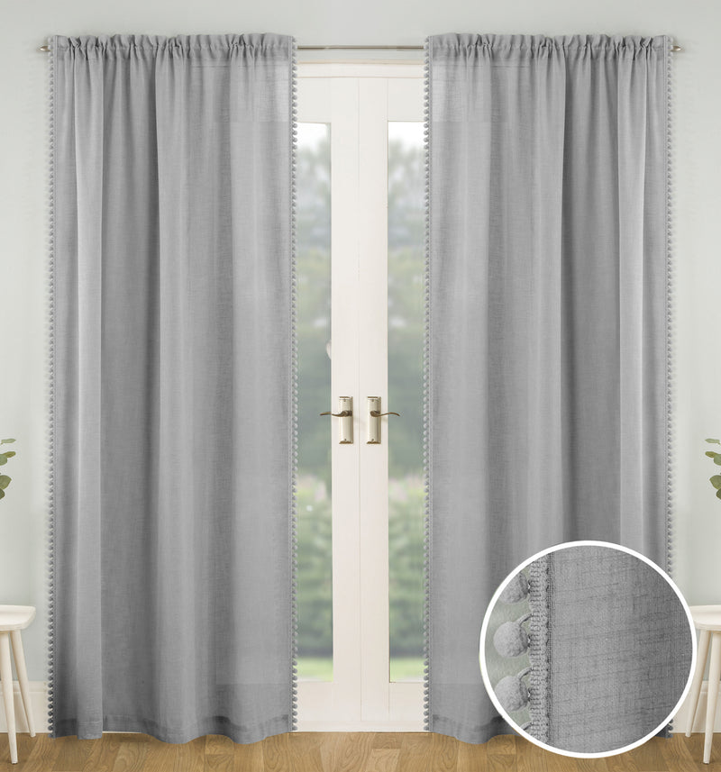 Pair of Tahiti Grey Pom-Pom Trim Linen Look Voile Panels with Rod Pocket Header