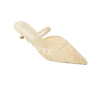 Lace Mesh Pointed Toe Heeled Mules Sandals - Beige
