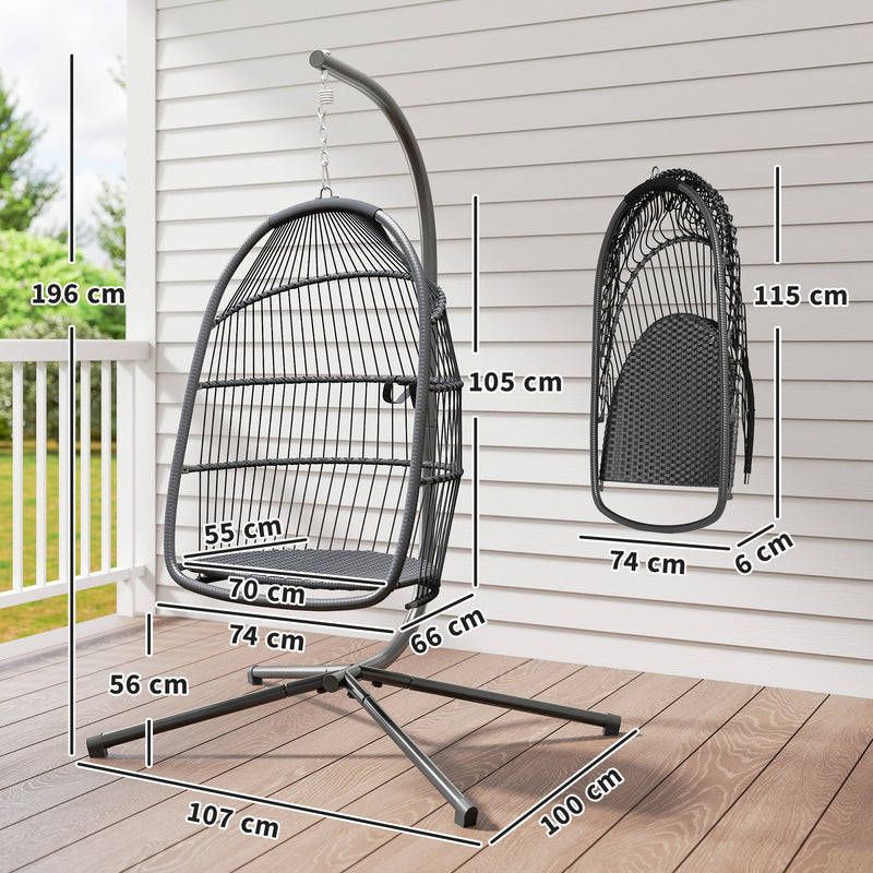 Outsunny Rattan Hanging Egg Chair with Stand, Cushion, Dark Grey