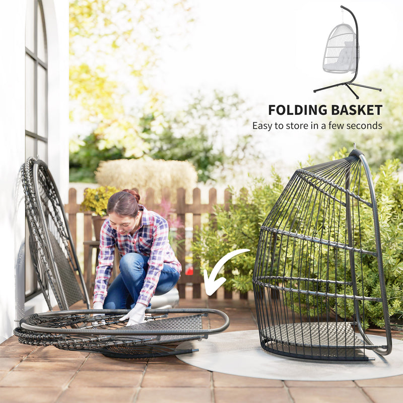 Outsunny Rattan Hanging Egg Chair with Stand, Cushion, Dark Grey