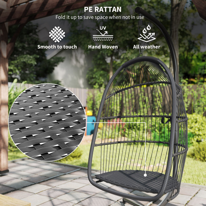 Outsunny Rattan Hanging Egg Chair with Stand, Cushion, Dark Grey