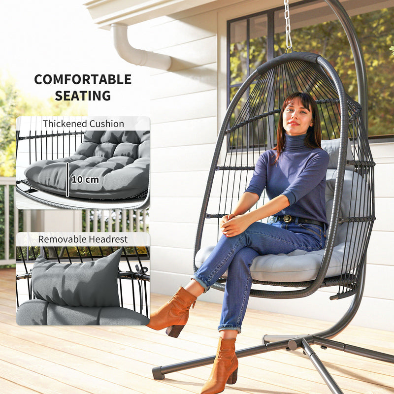 Outsunny Rattan Hanging Egg Chair with Stand, Cushion, Dark Grey