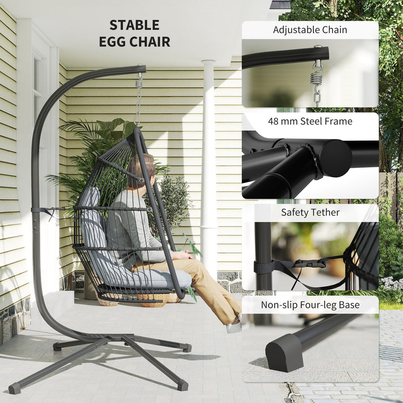Outsunny Rattan Hanging Egg Chair with Stand, Cushion, Dark Grey