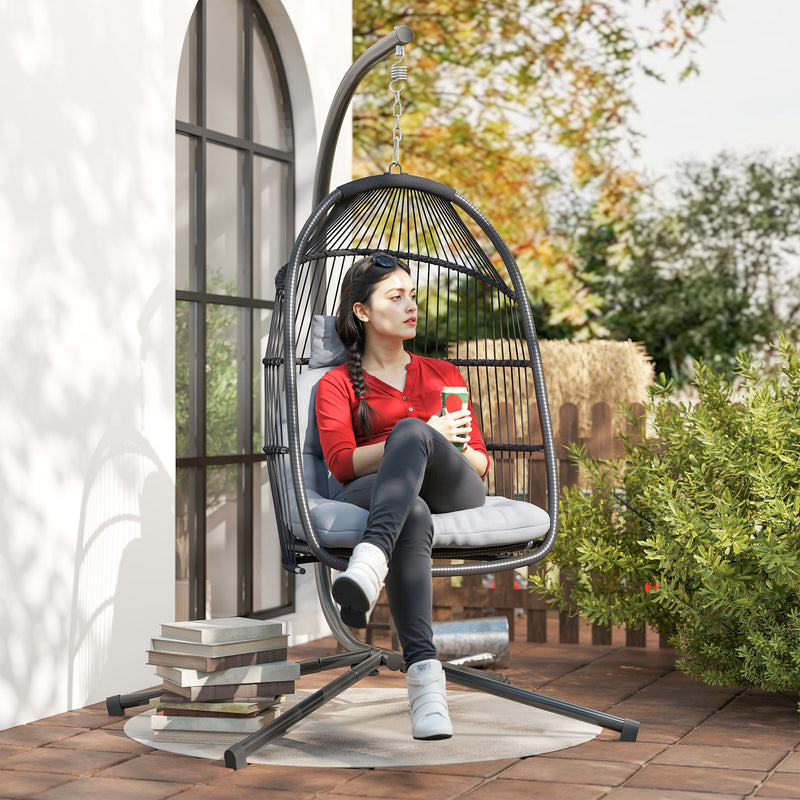 Outsunny Rattan Hanging Egg Chair with Stand, Cushion, Dark Grey