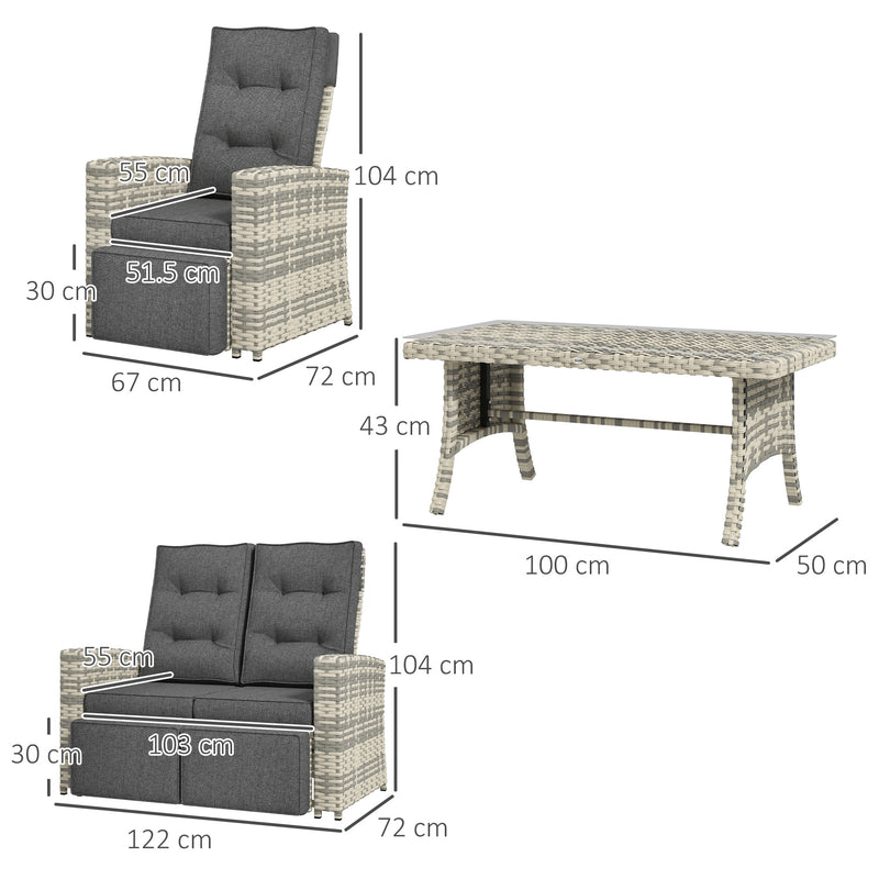 Outsunny 4 Piece Rattan Garden Furniture Set with Sofa, Glass Table, Light Grey