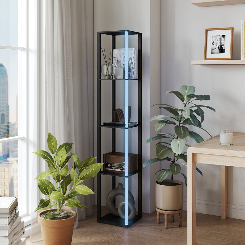 HOMCOM RGB LED Floor Lamp with Shelves and Remote Control for Bedroom