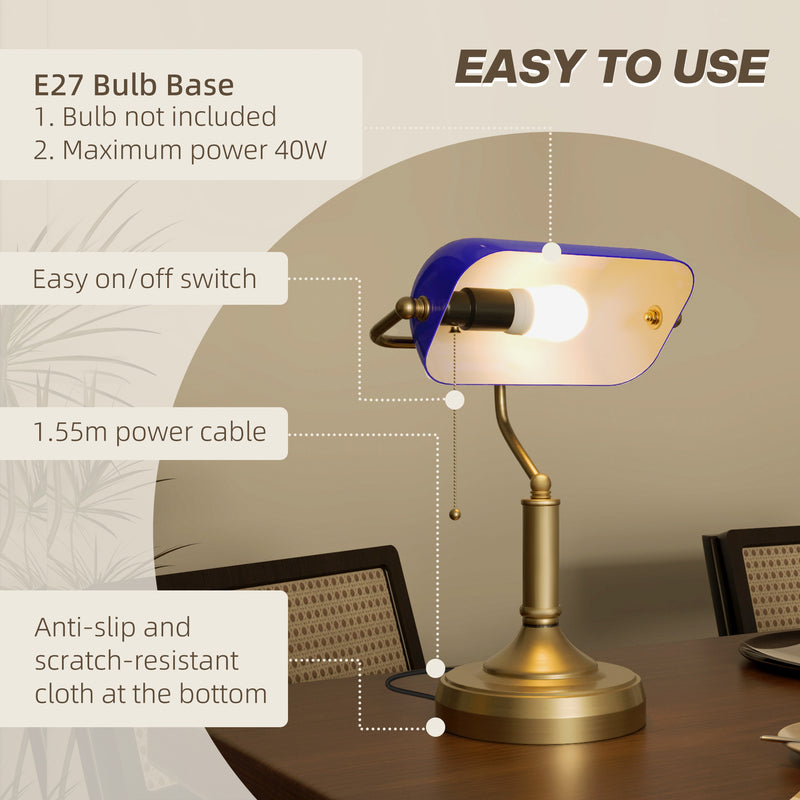 HOMCOM Banker's Table Lamp W/ Antique Bronze Tone Base, White/Blue