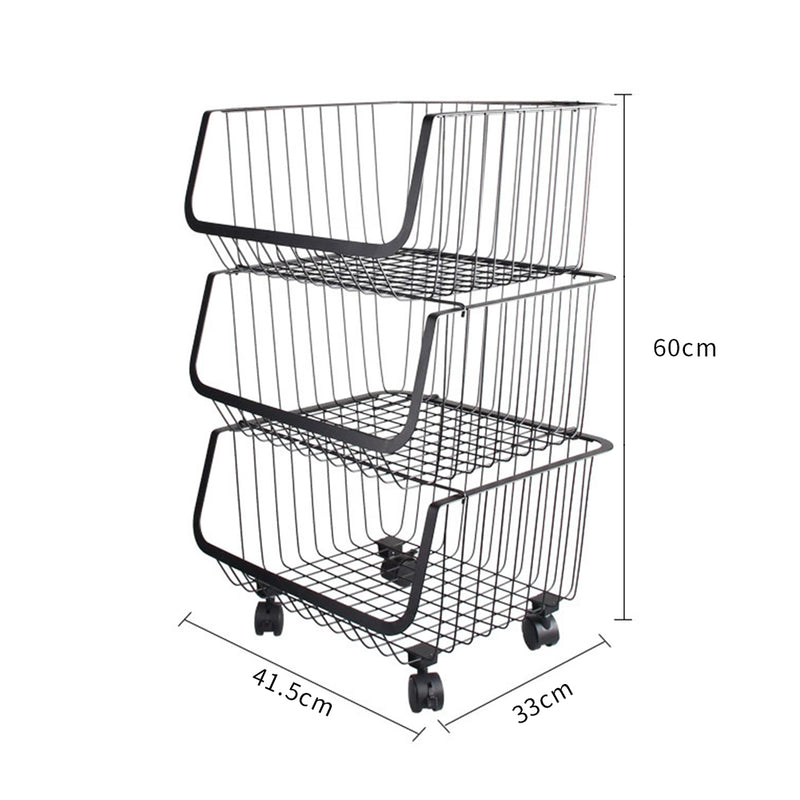 Livingandhome Stackable Rolling Metal Wire Basket Trolley Rack Fruit Vegetable Storage Holder for Kitchen