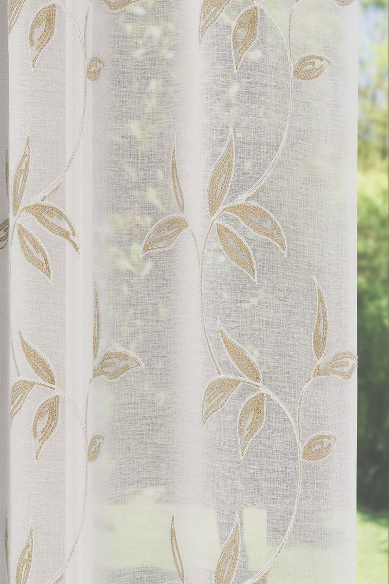 Oasis Natural Embroidered Leaf Design Voile Panels - Pair
