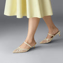 Lace Mesh Pointed Toe Heeled Mules Sandals - Beige