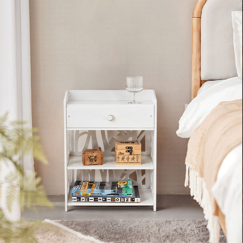 Livingandhome Hollow Carved Bird Pattern Side Table Nightstand with Drawer for Bedroom