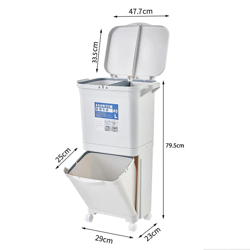 Livingandhome White Double-Layer Three-Compartment Trash Can with Wheels
