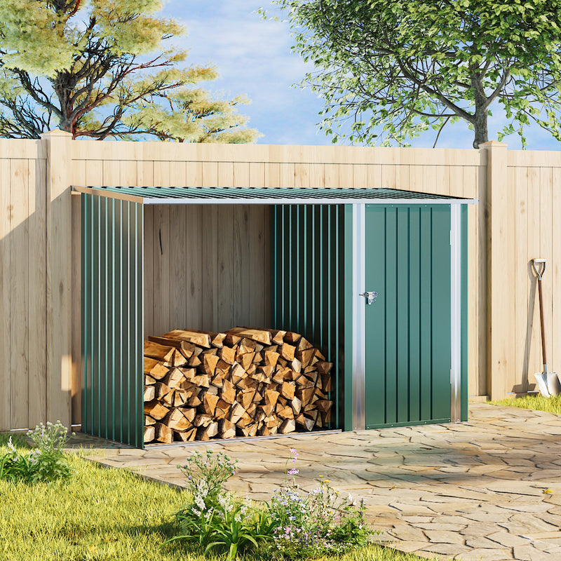 Garden Sanctuary Steel Outdoor Garden Storage Shed with Log Stacking Rack