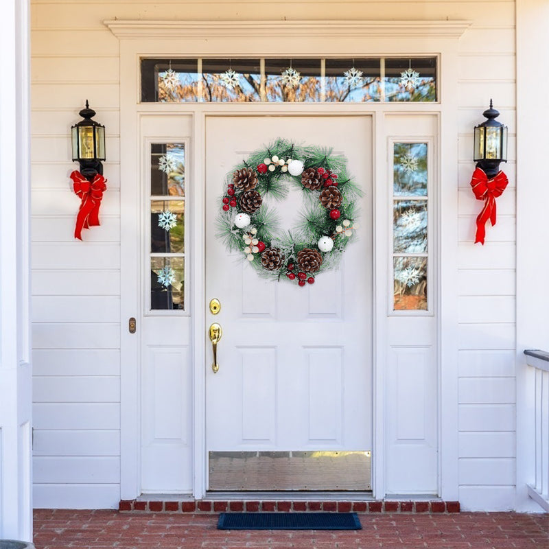 Livingandhome 32cm Snow Flocked Christmas Artificial Wreath with Classical Xmas Ornaments