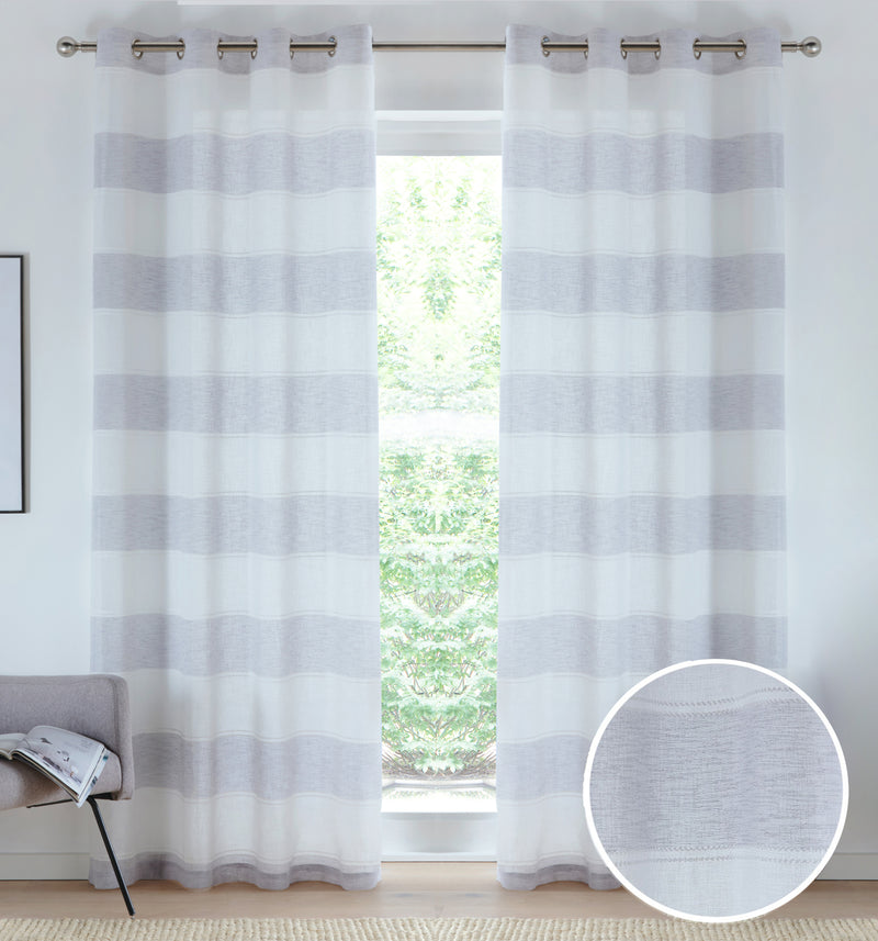Pair of Santorini Grey Linen Look Stripe Panels with Eyelet Header