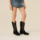 Women's Suede Western Mid-Calf Cowboy Boots - Black