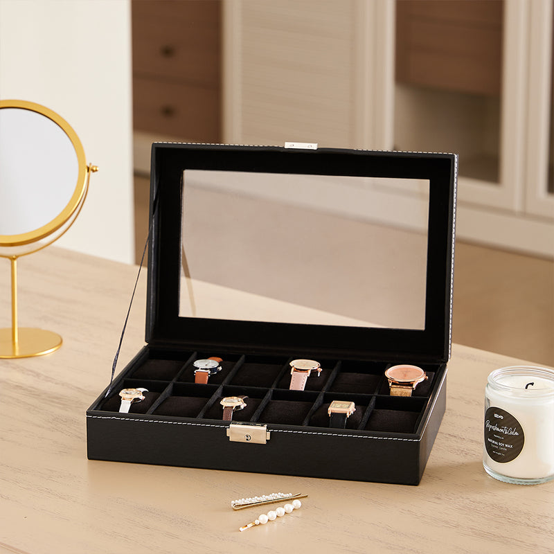 Sheonly 12-Slot Black Synthetic Leather Watch Display Box with Glass Lid
