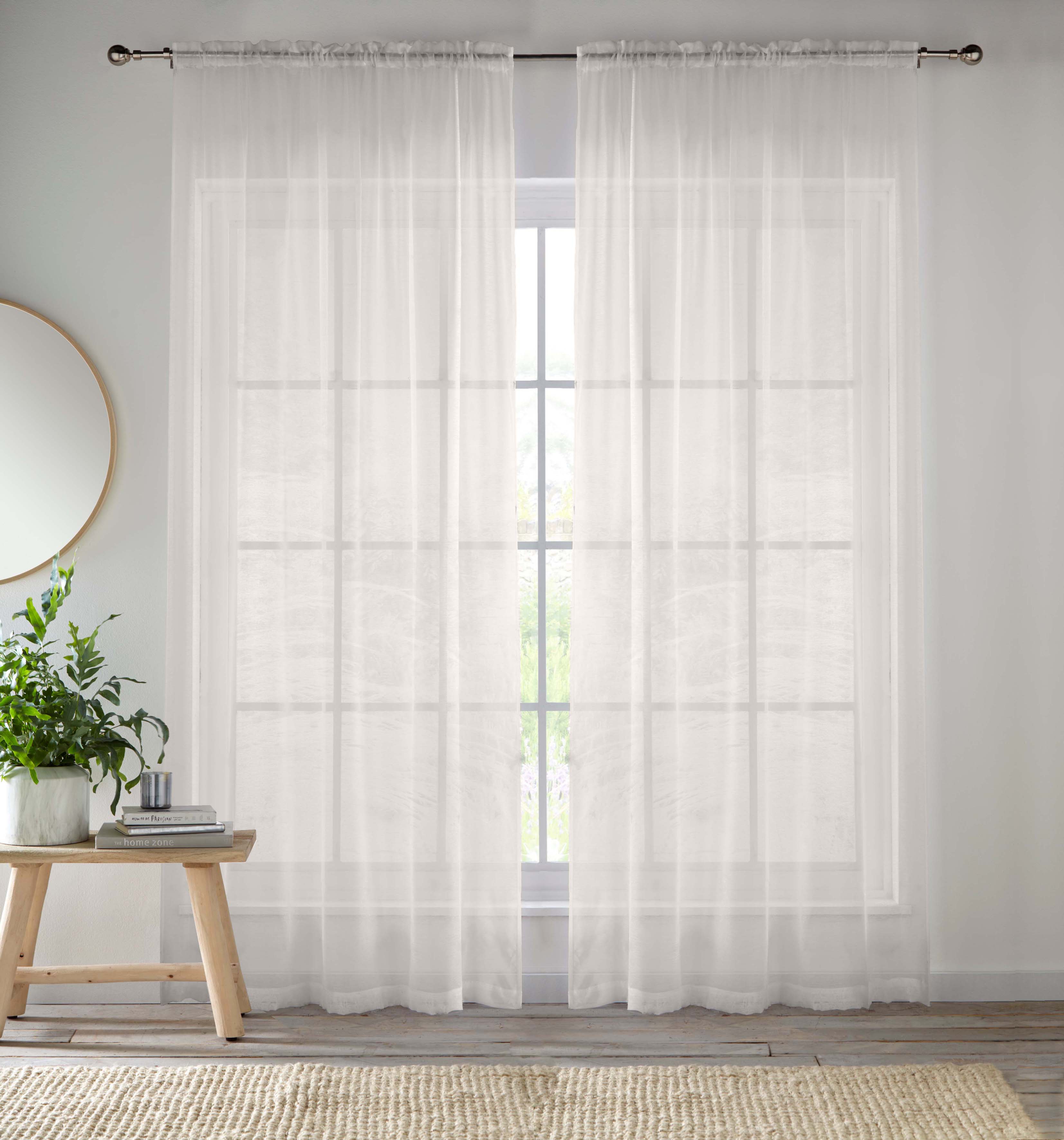 791472 Sheer Cream Plain Woven Voile Slot Top Curtain Panel Pair