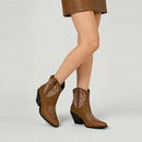 Embroidered Pointed Toe Cowboy Ankle Boots with Block Heel