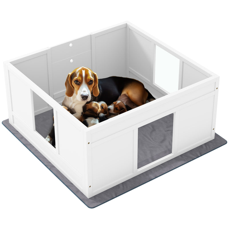 PawHut Dog Whelping Box with Whelping Pad, Adjustable Entrance - White