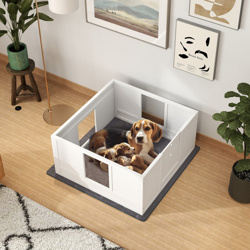 PawHut Dog Whelping Box with Whelping Pad, Adjustable Entrance - White