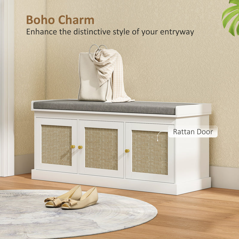 HOMCOM Shoe Storage Bench with Rattan Doors, Cushion, Entryway Shoe Bench